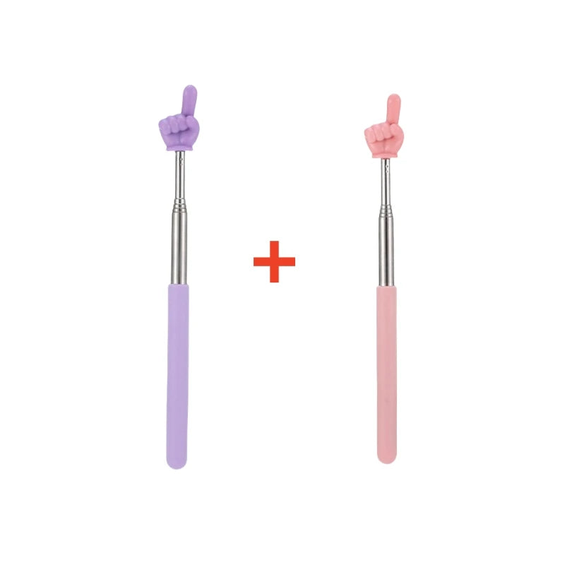 Two pink and purple stainless steel telescopic teaching pointers with hand shapes