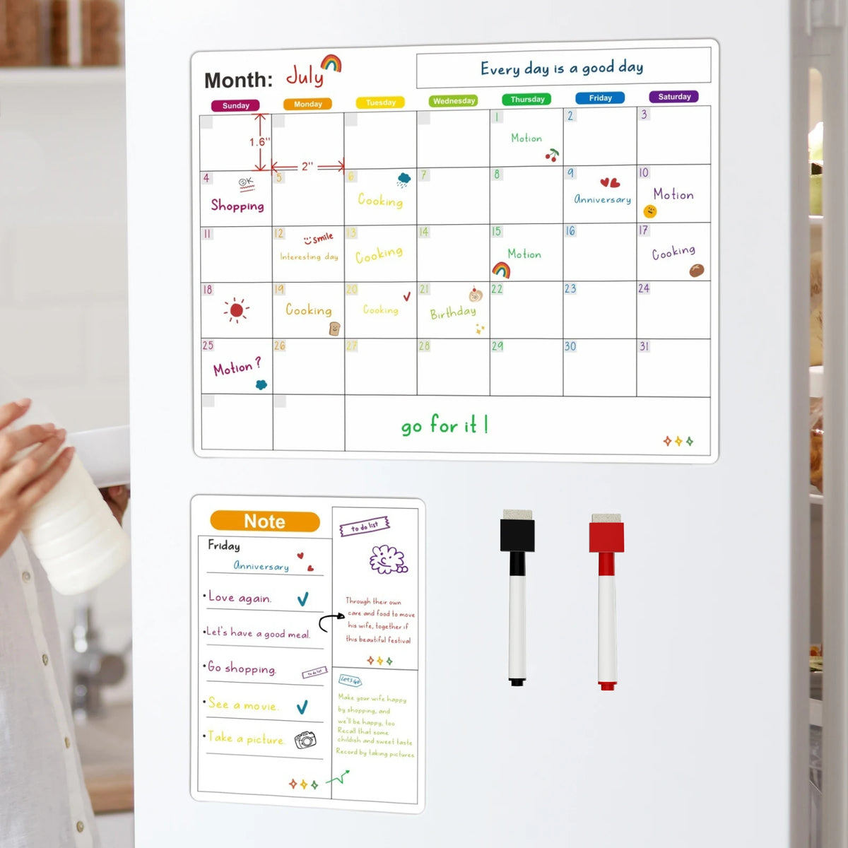 A monthly planner board for July with daily grids and activities like shopping cooking and motion