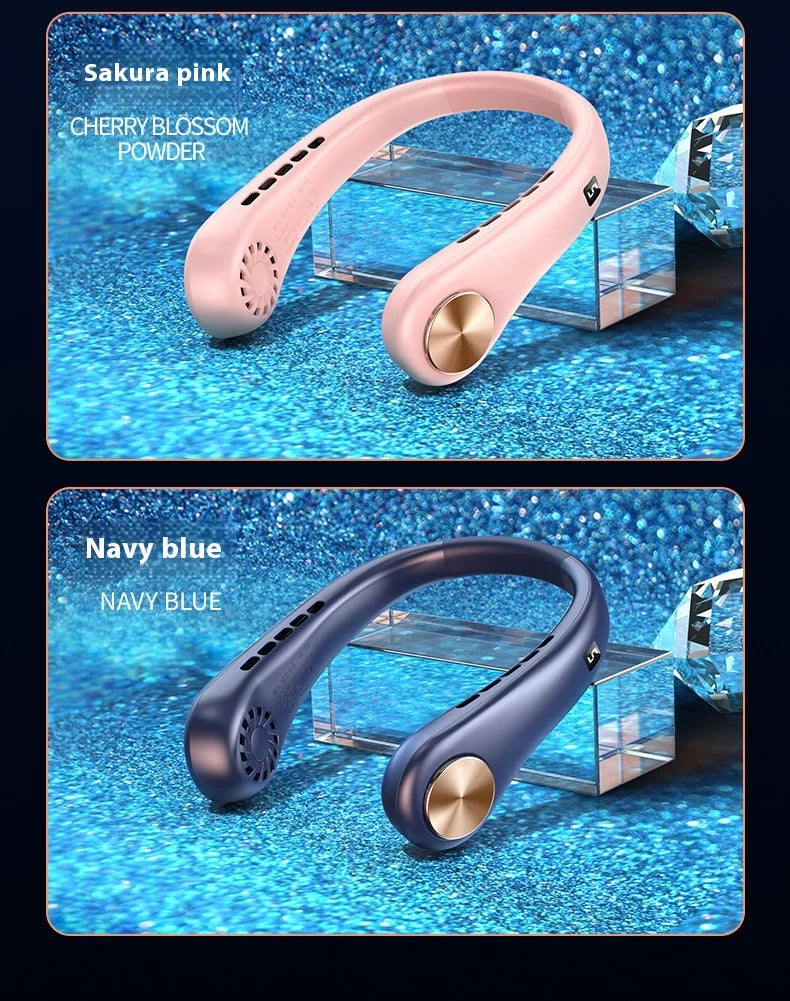 A pink bladeless neck fan is displayed on a clear acrylic stand against a sparkling blue background.