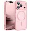 A pink magnetic wireless charging lens protector case for an iPhone, shown open to display the back and camera module.