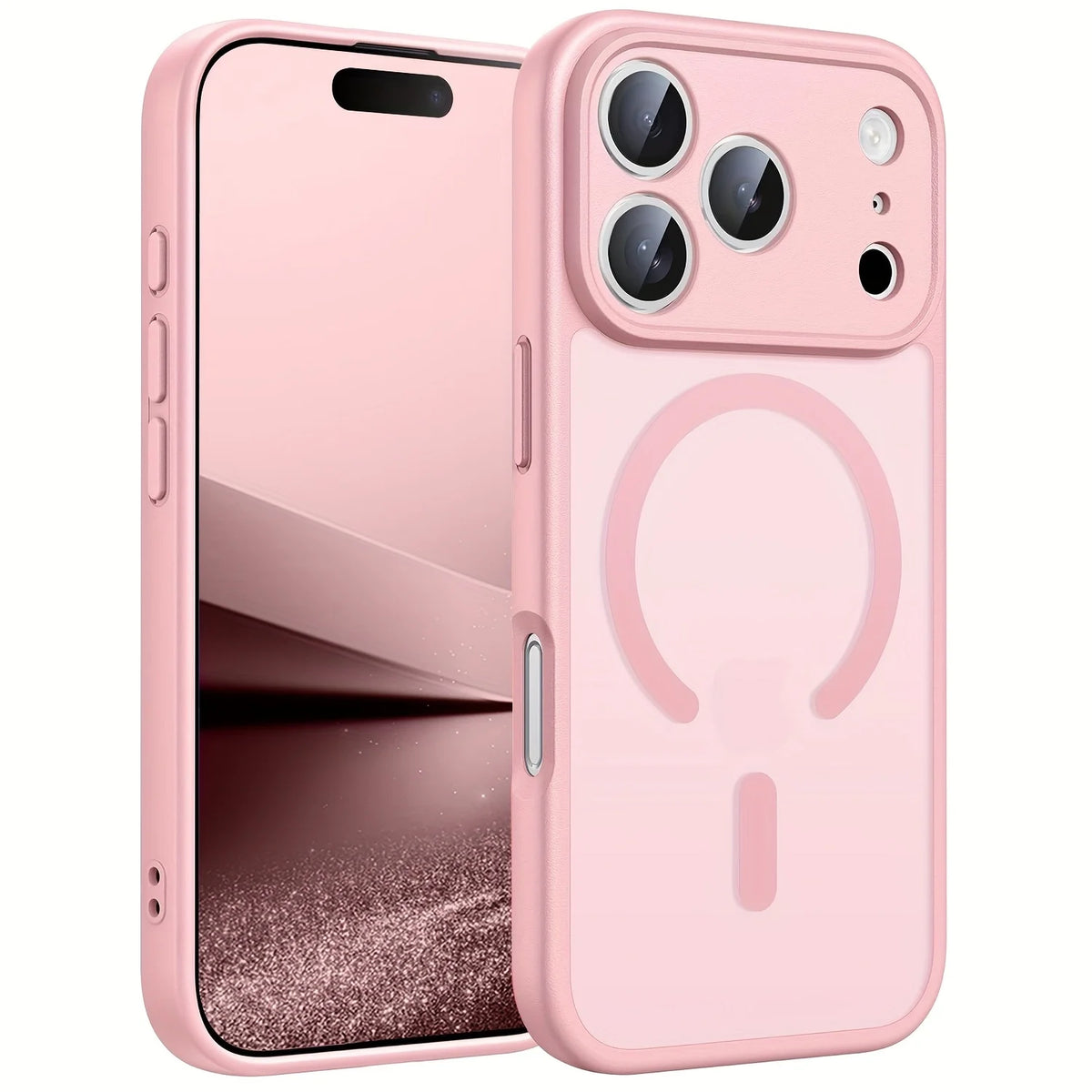 A pink magnetic wireless charging lens protector case for an iPhone, shown open to display the back and camera module.
