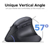 Black ergonomic vertical mouse showing a 57 degree angle for comfortable thumb rest