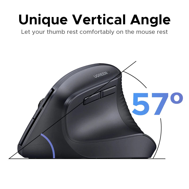 Black ergonomic vertical mouse showing a 57 degree angle for comfortable thumb rest
