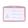 Porta credencial de plástico rosa con líneas en blanco para nombre, departamento y puesto.