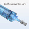 A close-up view of a blue medical device showing a backflow prevention valve mechanism.
