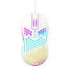 White honeycomb RGB gaming mouse with purple and cyan accents