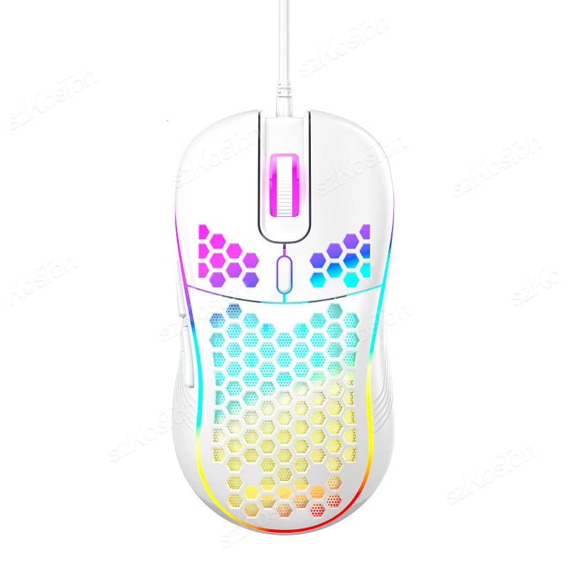 White honeycomb RGB gaming mouse with purple and cyan accents