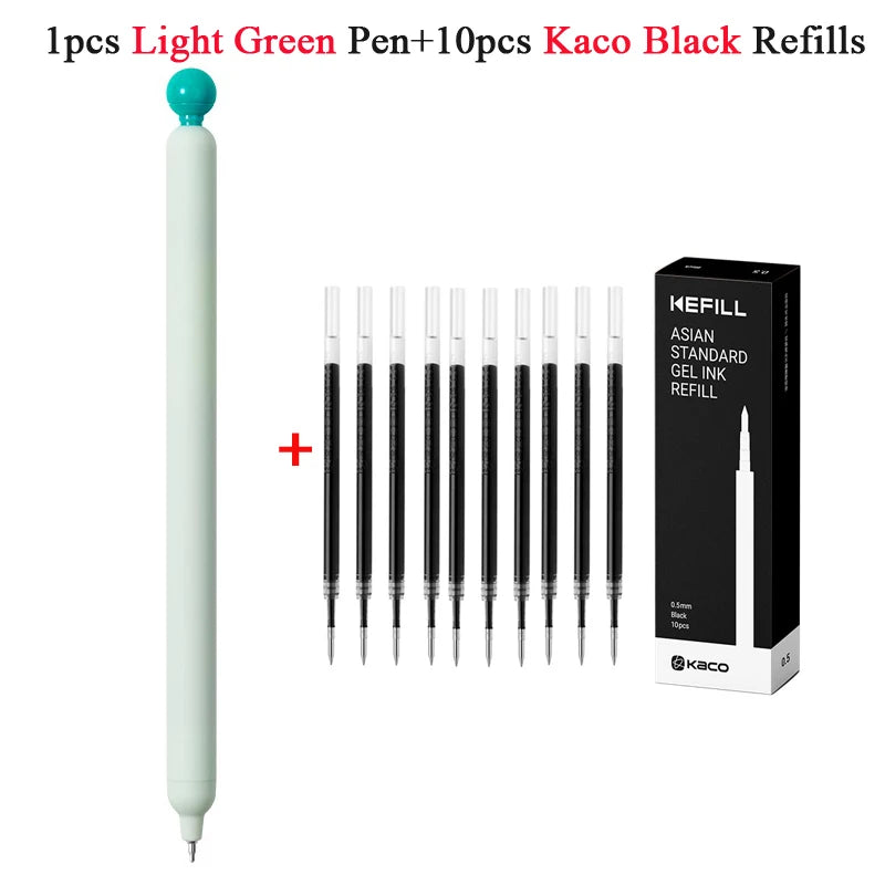 A set of 1 pen and 10 refills of light green and black Kaco gel ink pens.