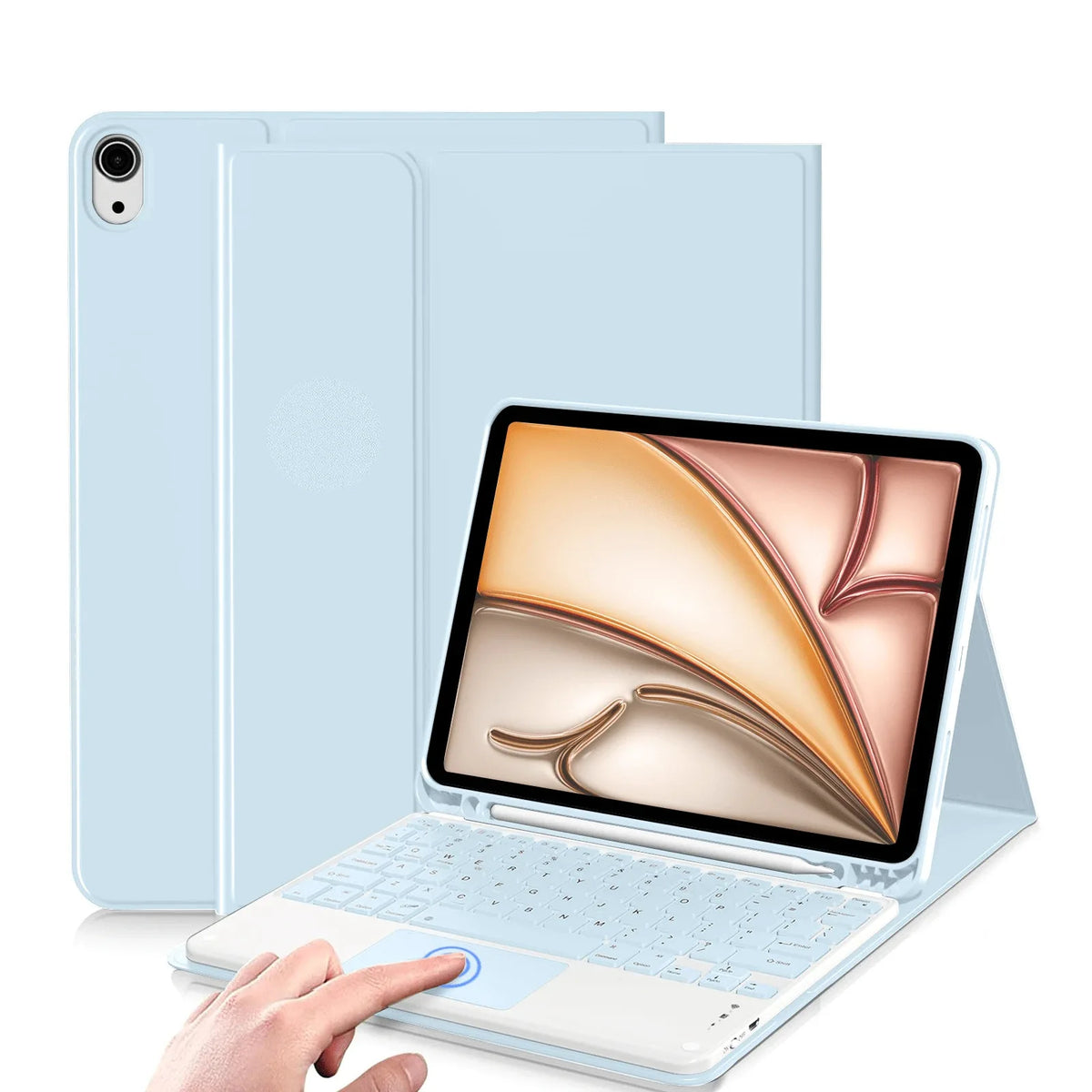 A light blue Universal Protective Case with a keyboard for an iPad Air is shown open on a surface.