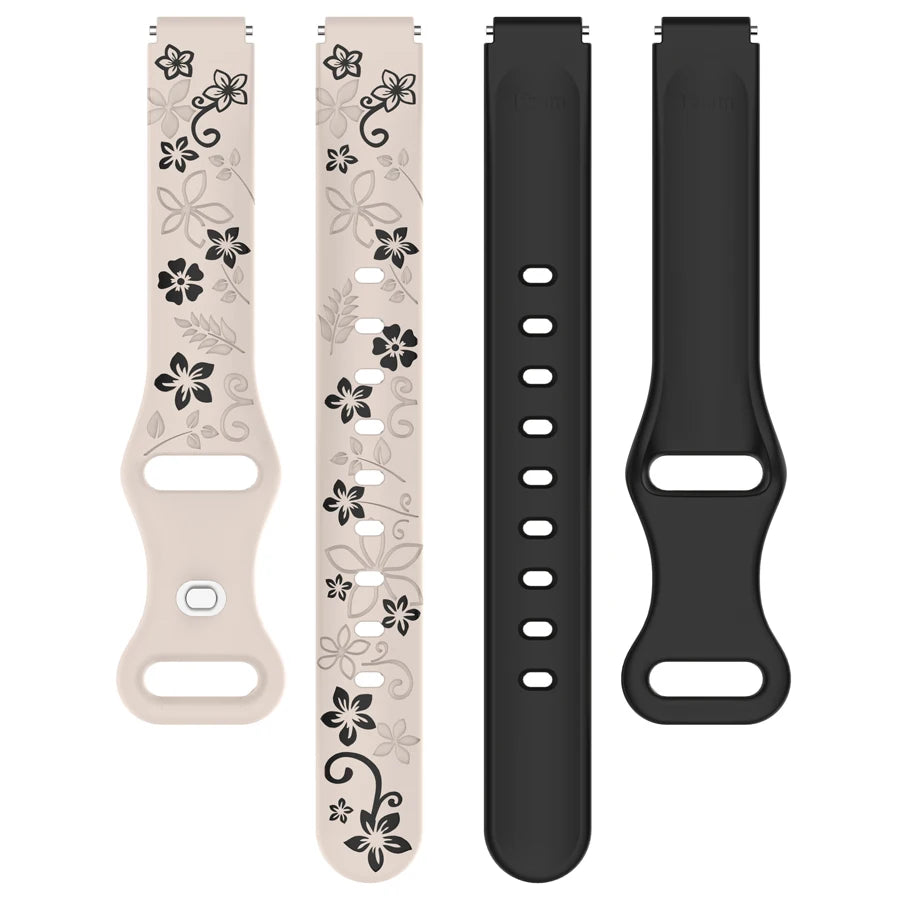 Three versions of a light pink silicone watch band with black engraved flowers for Xiaomi smart bands