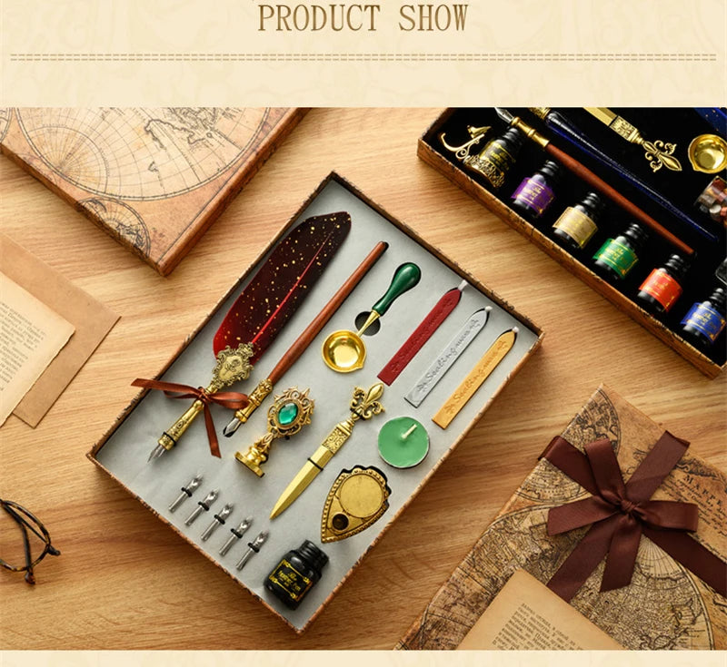 A display of a luxury fountain pen set with various pens and a wax seal kit arranged on a wooden surface.
