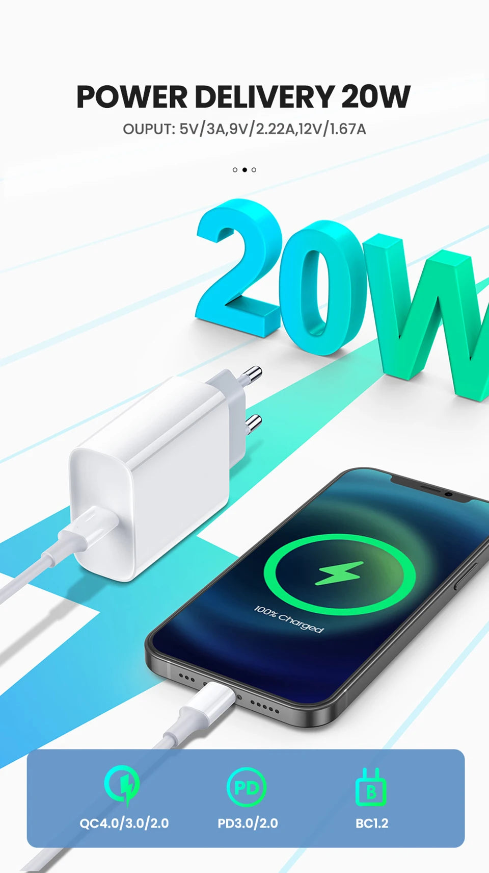 Weißes Netzteil und Kabel neben einem iPhone, das 20W schnelles Laden demonstriert.
