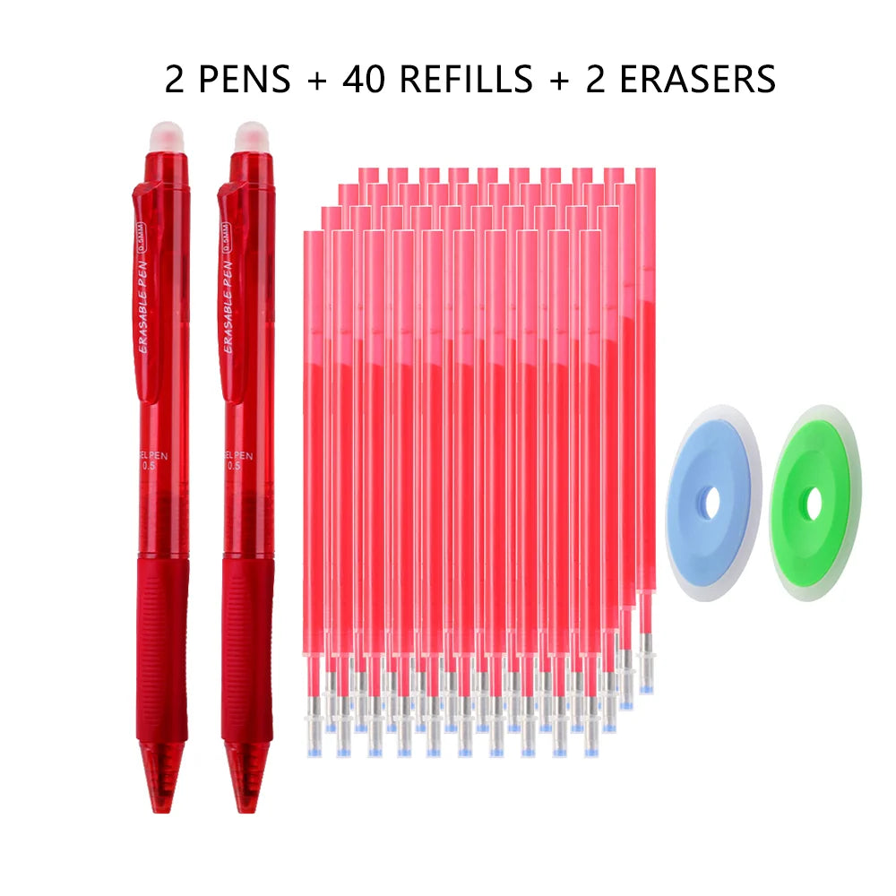 A set of red gel pens, forty refills, and two erasers are displayed in a box.