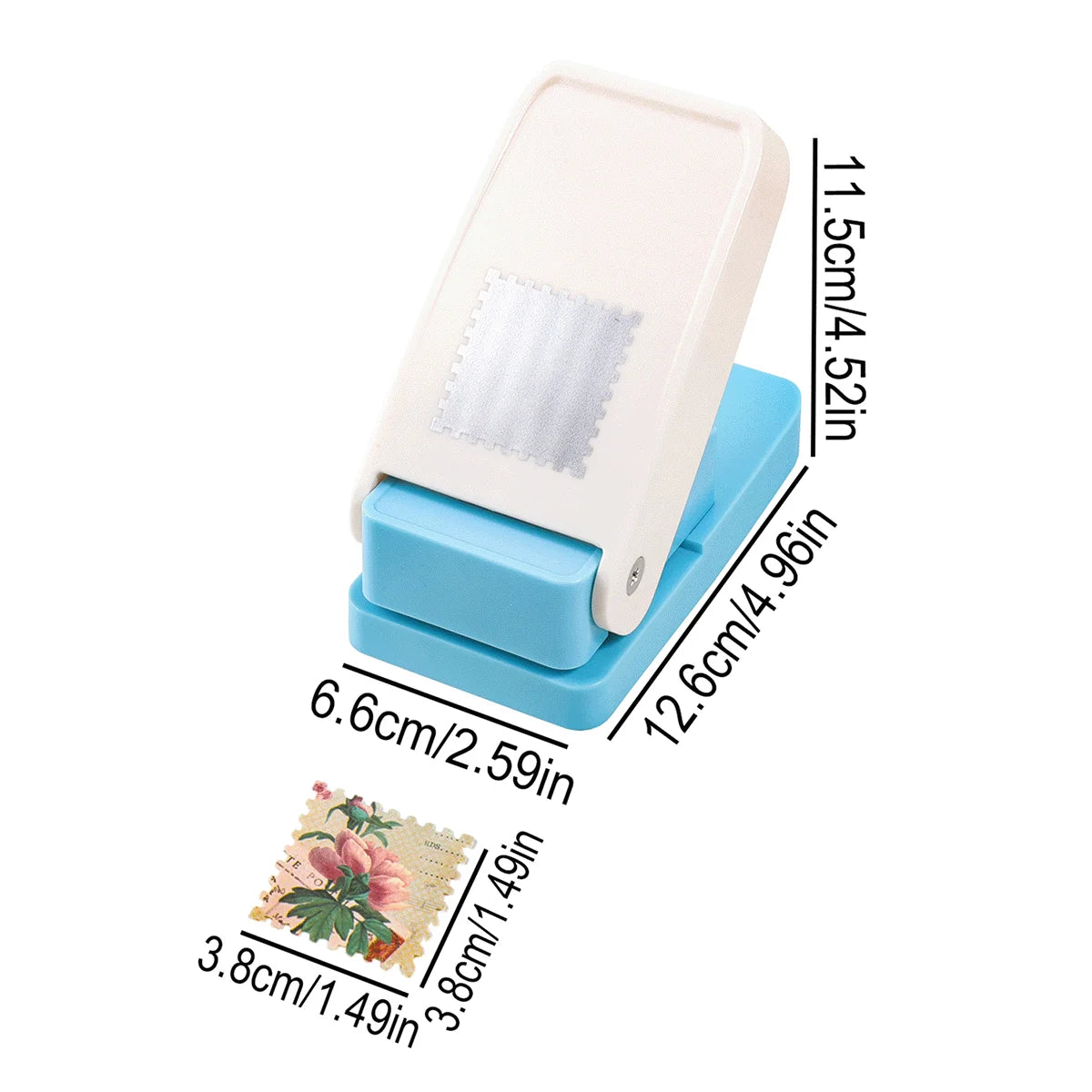 A white embossing punch machine with a light blue base and included stamps for DIY crafts.