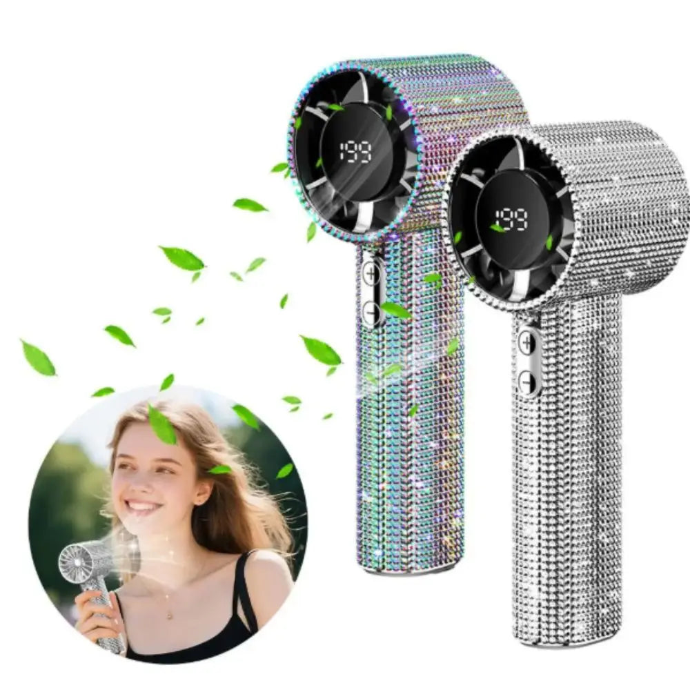 A silver mini portable LED turbine fan is shown next to a woman smiling and holding a small fan.