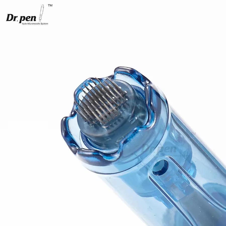 Close-up view of a blue Dr. pen microneedling cartridge with a textured tip.