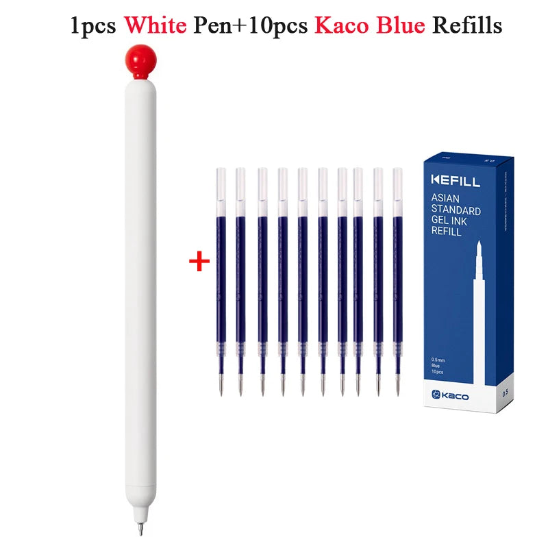 A set of 1 white pen and 10 blue Kaco gel ink refills packaged in a box.