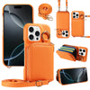 Orange premium PU leather phone case with wallet and card slots shown in various forms.