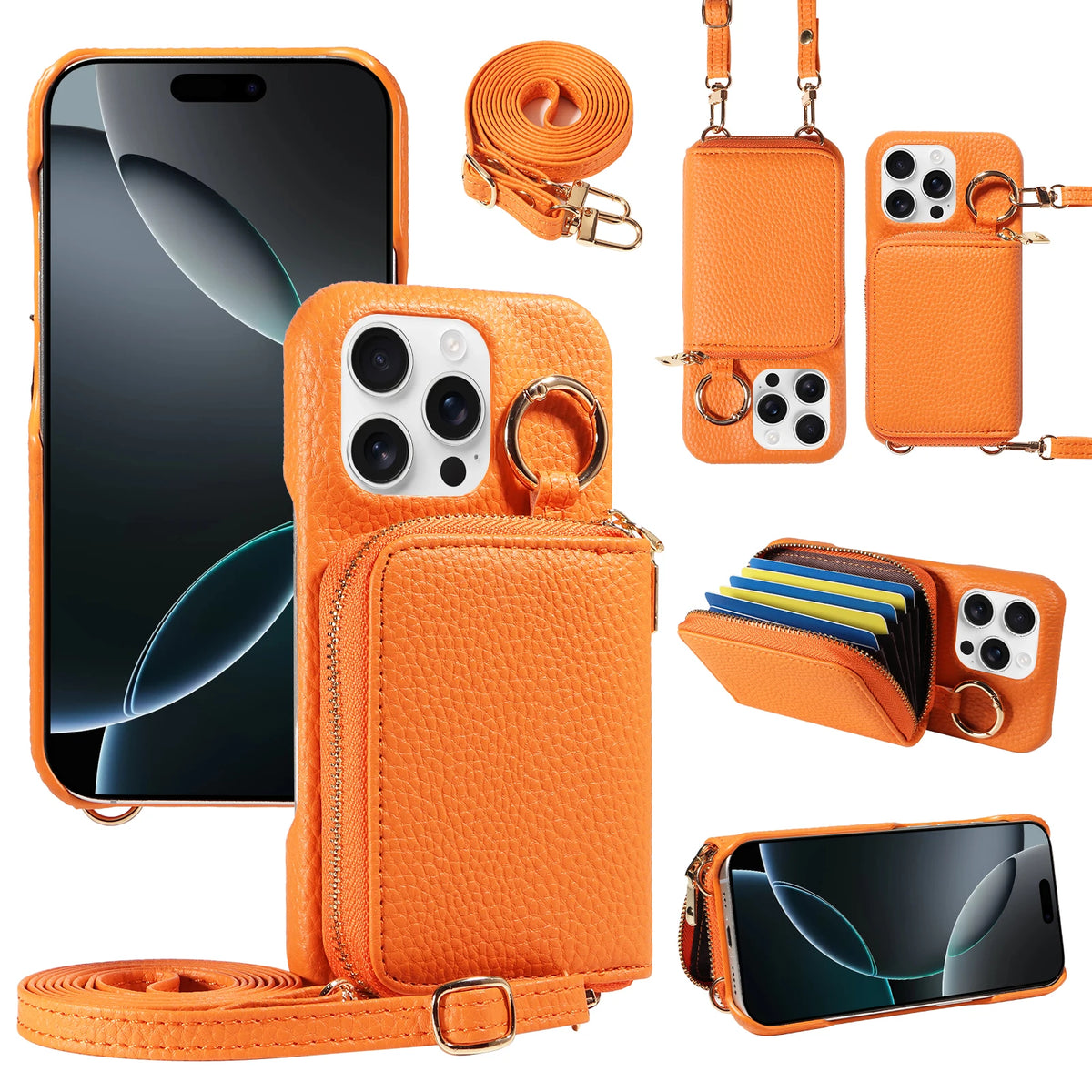 Orange premium PU leather phone case with wallet and card slots shown in various forms.