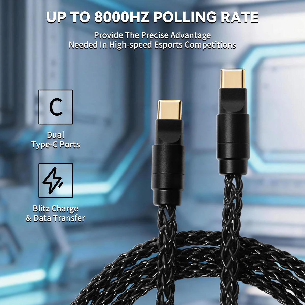 Black braided cable with dual Type-C ports for high-speed data transfer and gaming