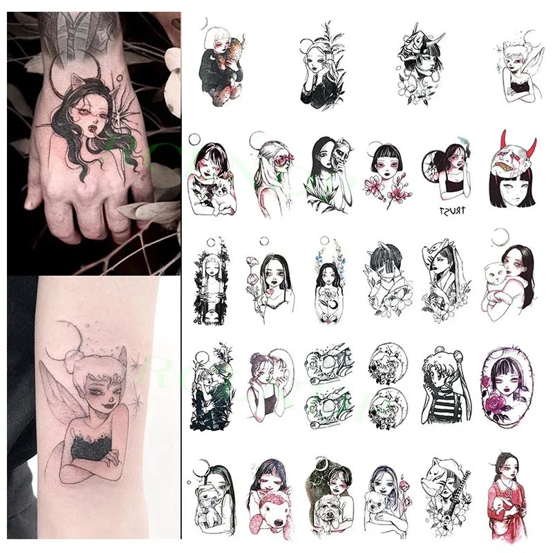 Colección de pegatinas temporales de diseños múltiples con diversos estilos y temas artísticos.