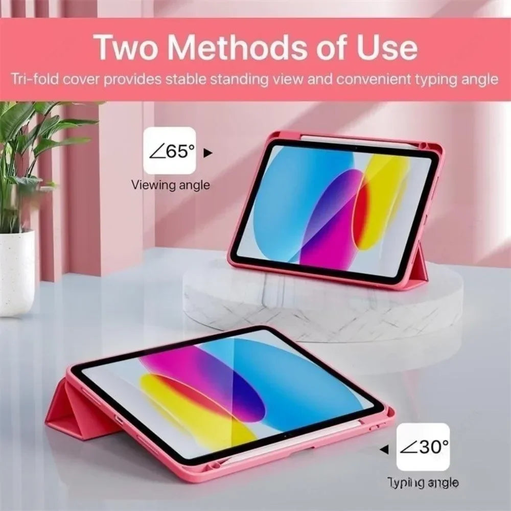 A pink multi-device protective case for an iPad showing two methods of use: a viewing angle and a typing angle.