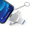 A silver multi-capacity USB 3.0 flash drive and a metal chain are shown next to a smartphone.