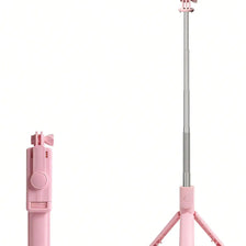 A pink wireless selfie stick with a tripod mount for phones.