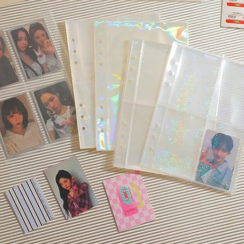 A set of clear, iridescent A5 refillable photo sleeves for organizing and protecting pictures in a binder collection.