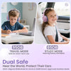 Dual Safe hearing protection headphones shown on a boy and girl in different contexts for travel and study