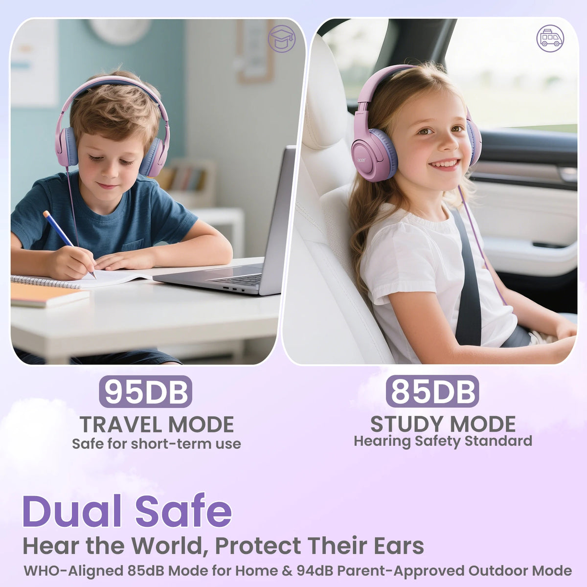 Dual Safe hearing protection headphones shown on a boy and girl in different contexts for travel and study