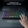 لقطة مقربة لوحة مفاتيح ألعاب بمفتاحين RGB بإضاءة ملونة وأصابع تضغط على المفاتيح.