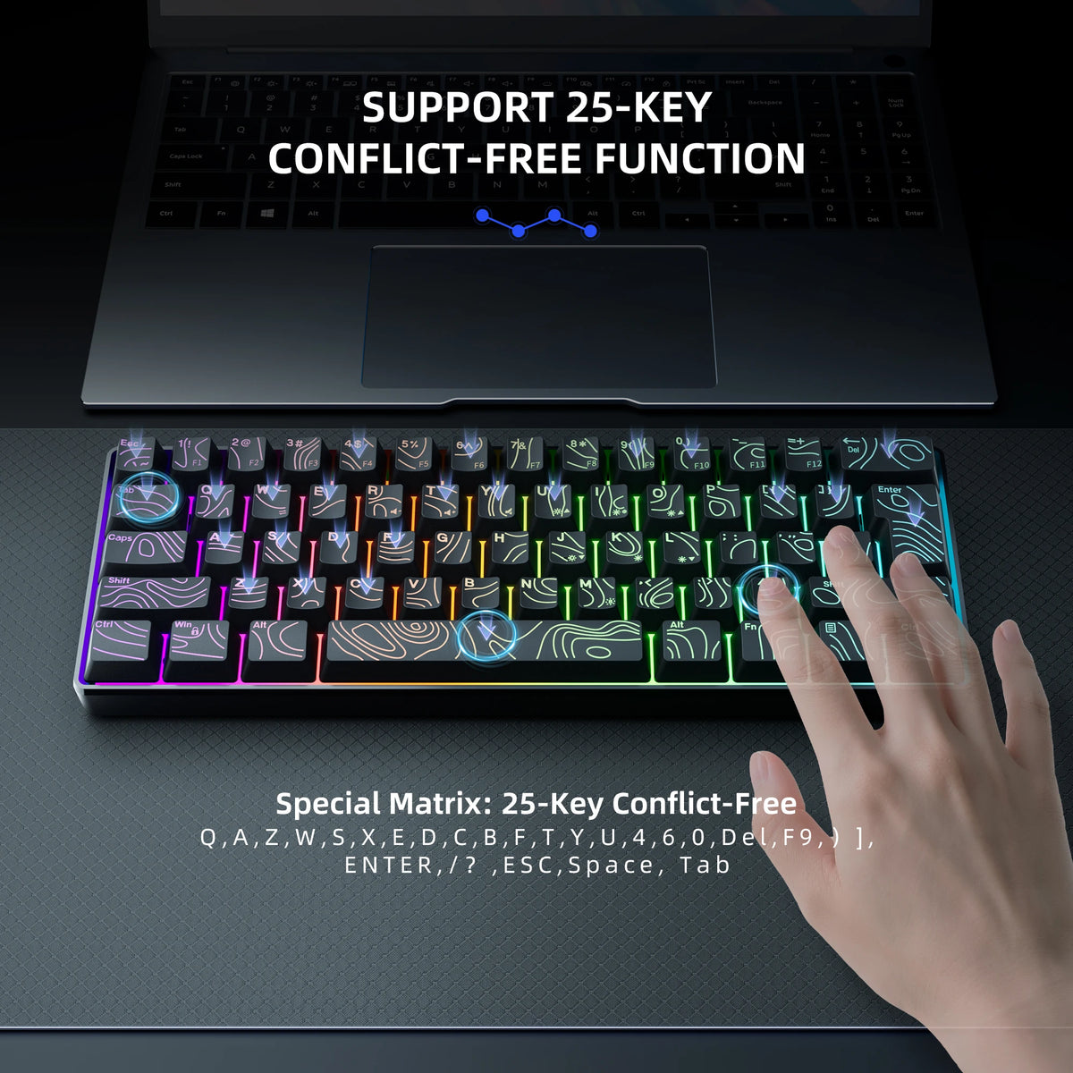 لقطة مقربة لوحة مفاتيح ألعاب بمفتاحين RGB بإضاءة ملونة وأصابع تضغط على المفاتيح.