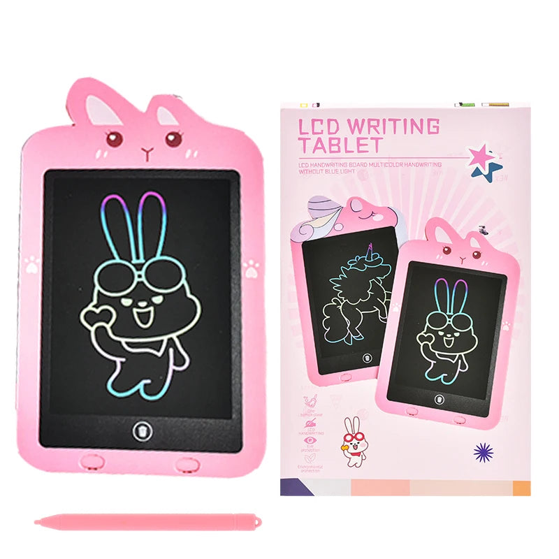 A pink LCD writing tablet for kids with a stylus and drawing on the screen.