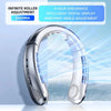 A silver bladeless portable neck fan with an intelligent digital display is shown against a light blue background.
