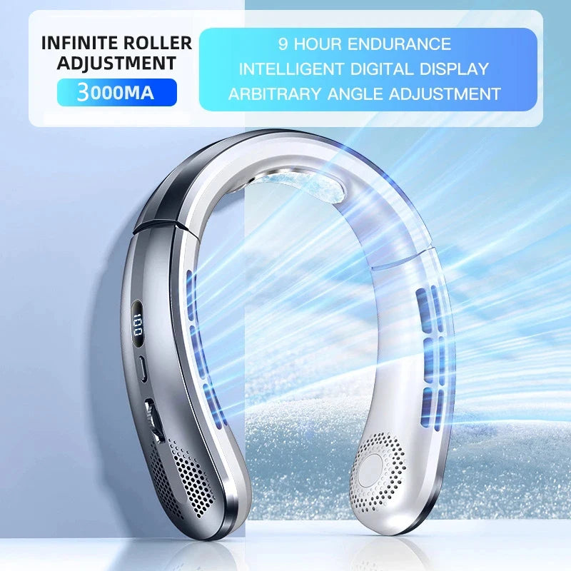 A silver bladeless portable neck fan with an intelligent digital display is shown against a light blue background.