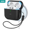 A black magnetic case holding two white AirPods Pro earbuds, connected by a charging cable.