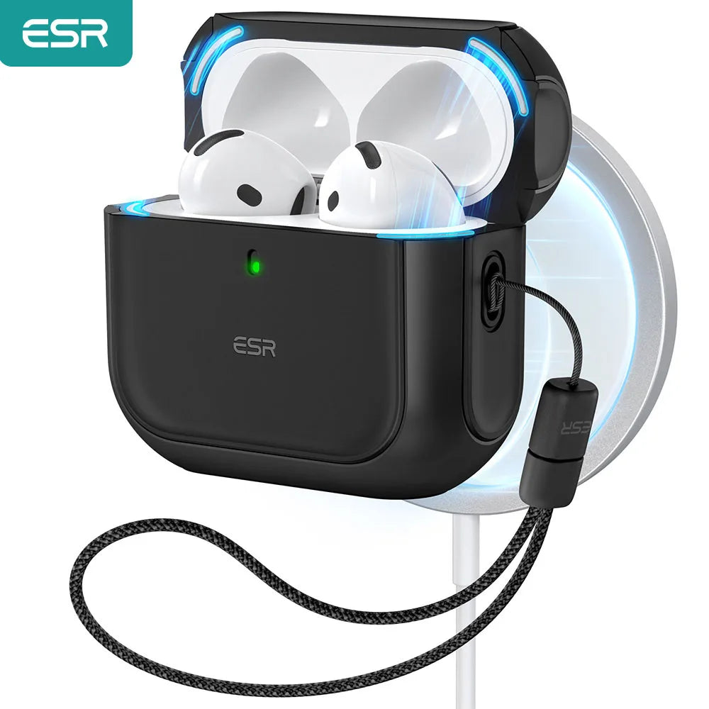 A black magnetic case holding two white AirPods Pro earbuds, connected by a charging cable.