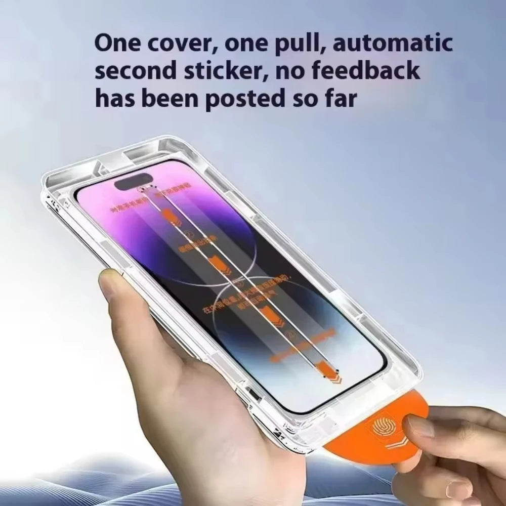 A hand holds a clear protective case with an orange backing, displaying a smartphone screen.