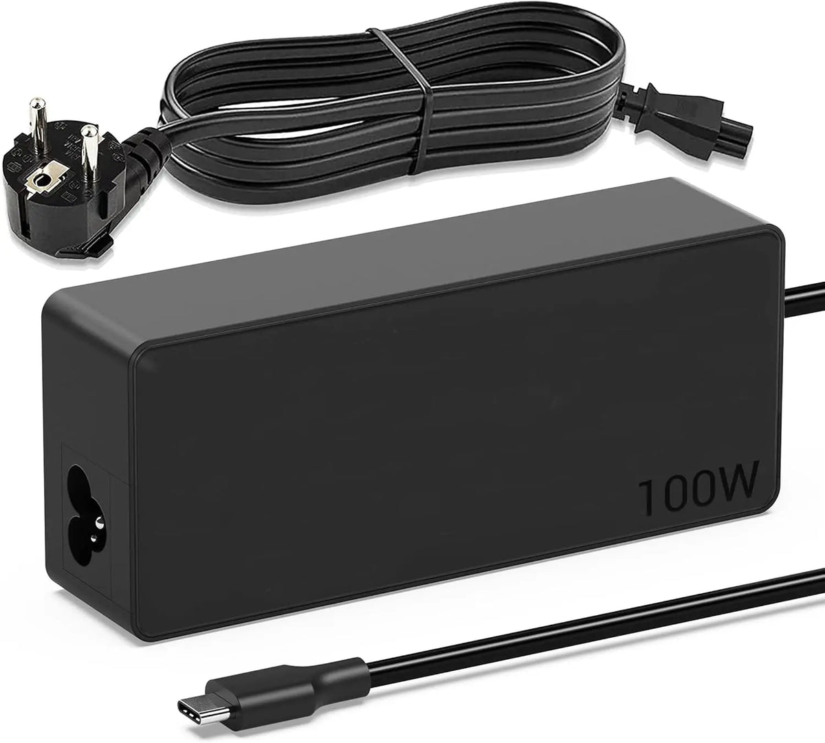 Schwarzer universeller USB-C Laptop-Ladegerät mit Kabel und Netzadapter.