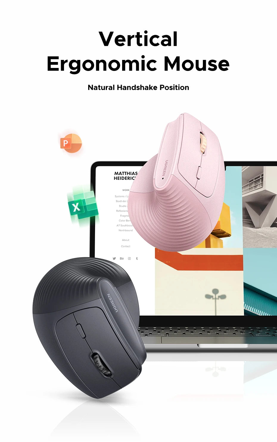A pink vertical ergonomic mouse shown next to a laptop, highlighting its natural handshake position.