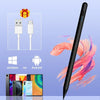 A black universal capacitive stylus pen shown alongside various tablet and computer icons and accessories.