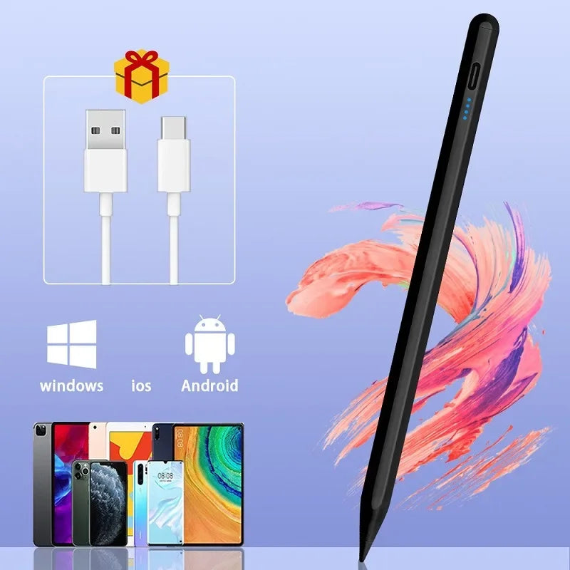 A black universal capacitive stylus pen shown alongside various tablet and computer icons and accessories.