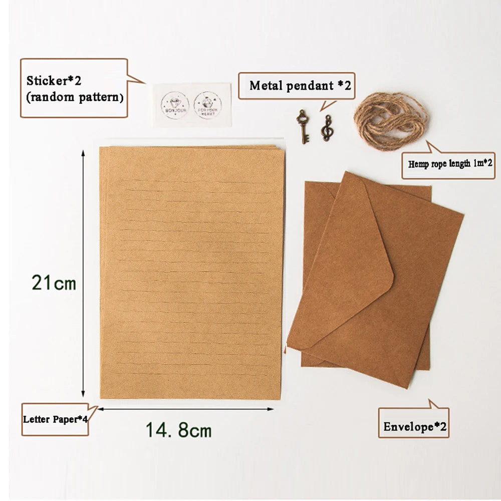 A set of vintage European style letter and invitation envelopes, including paper, stickers, metal pendants, and hemp rope.