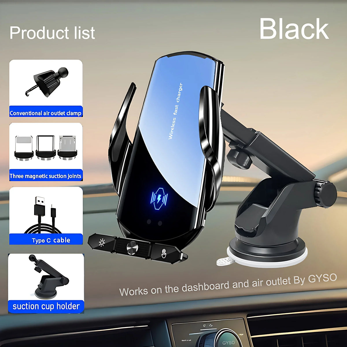 Black wireless car phone mount designed to work on the dashboard and air outlet.