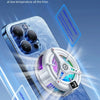 A magnetic phone cooler with an adjustable cooling mode and RGB lighting is shown fitting onto a smartphone.