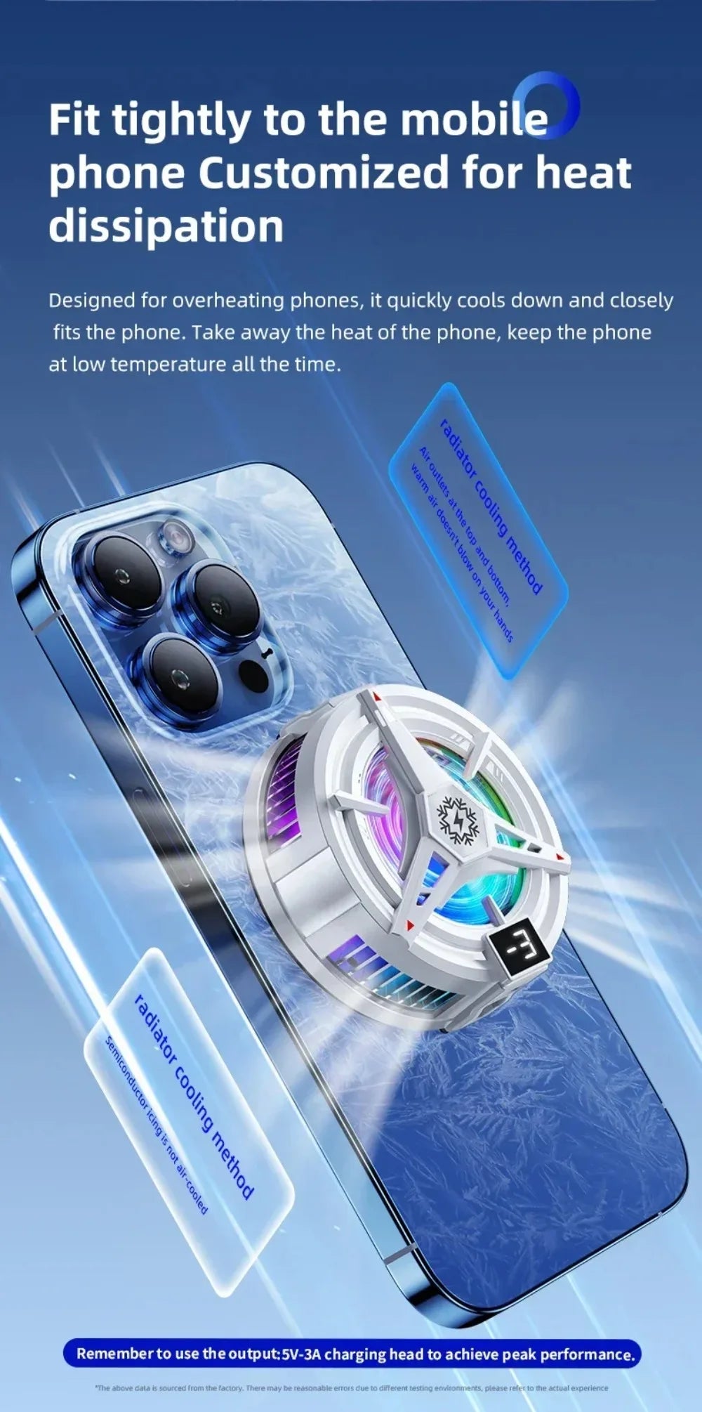 A magnetic phone cooler with an adjustable cooling mode and RGB lighting is shown fitting onto a smartphone.