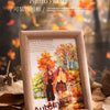 A wooden photo frame decorated with an autumn forest scene featuring two figures in vibrant fall foliage.