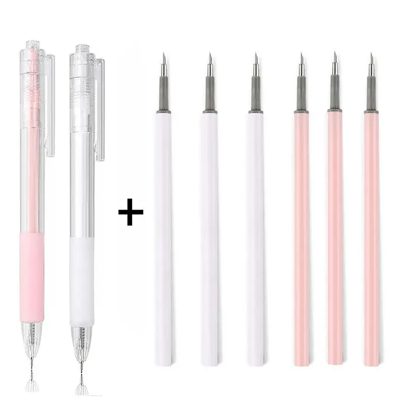 A set of precision utility knives for crafting and scrapbooking, shown in various sizes and colors.