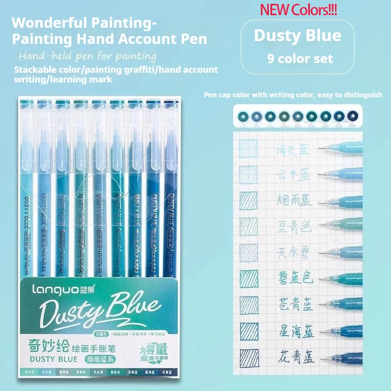 A set of nine Dusty Blue hand-held paint pens for art, graphic design, and writing